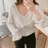 V-Neck Flare Sleeve Polka Dot Blouse Shirt